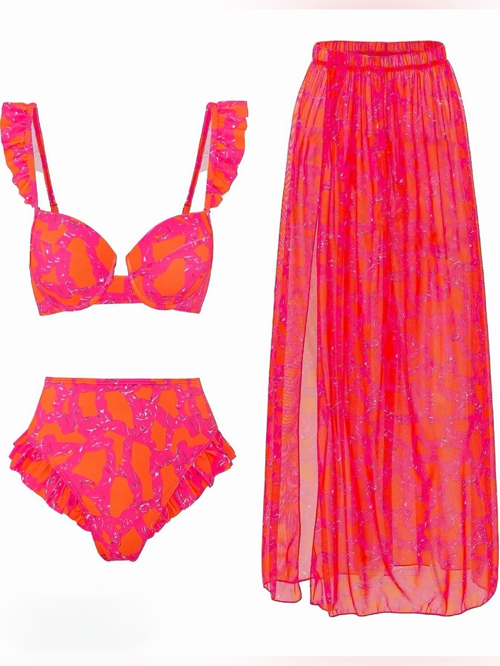 3-Piece Pink & Orange Bikini Set with Mesh Cover-Up Skirt